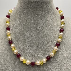 Earth mined Red Gemstone Glass Pearl Yellow Glass Beaded Necklace Statement